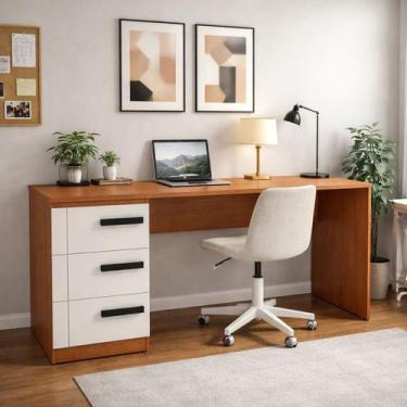 Imagem de Escrivaninha Retrô 3 Gavetas 163cm Lisboa Politorno Móveis, Freijó/Cre