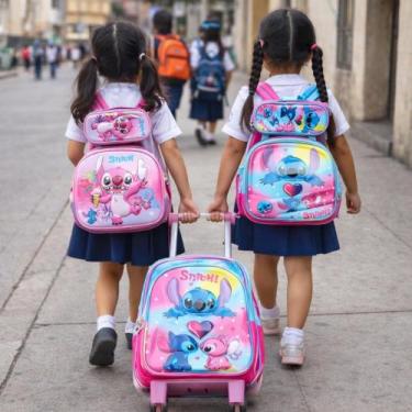 Imagem de Kit 3 Pecas Mochila Lilo Stitch Angel Escolar De Rodinhas Infantil 3d 