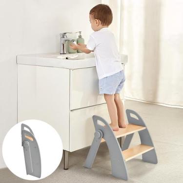 Imagem de Banqueta de 2 degraus Joothlin Wooden para banheiro infantil dobrável 