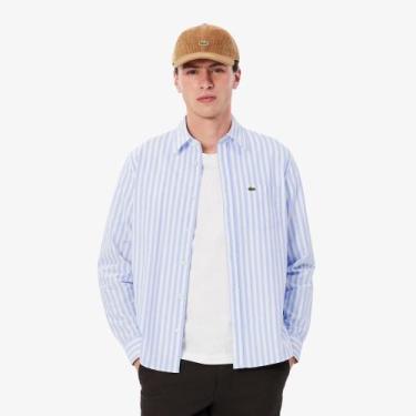 Imagem de Camisa Oxford Listrada com Caimento Regular - Lacoste, Azul, Branco, 4