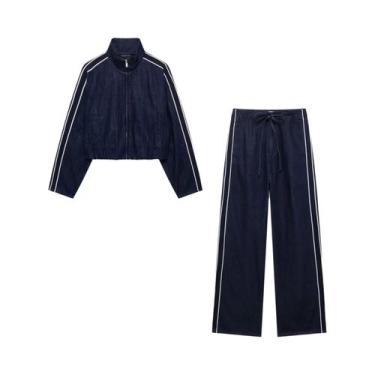 Imagem de Conjunto Feminino De Calça Jeans E Jaqueta Com Gola Alta E Listras Lat