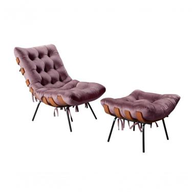 Imagem de Poltrona com Puff Costela Decorativa Veludo Fibra Siliconada Roxo Bella Decor