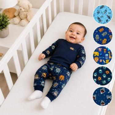 Imagem de Pijama Infantil Manga Longa Calça Malha Menino Bebê Dia Frio 3 a 4 mes