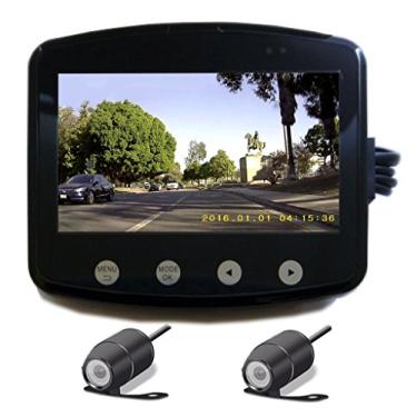 Imagem de Sistema de câmera à prova d'água Sykik Rider RW para motocicletas. Grava tanto a parte frontal quanto a traseira com lentes de ângulo amplo de 140 graus. Assista suas costas quando você monta no grande visor à prova d'água de 11,43 cm, RW1