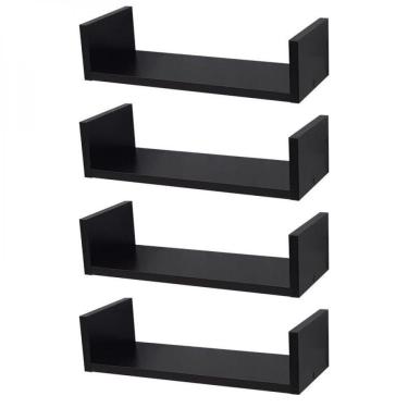 Imagem de Kit 4 Prateleiras U 40 X 15cm Preta Suporte Invisível