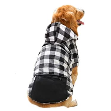 Imagem de Foern Suéter macio para cães, roupas quentes para animais de estimação com bolso casaco de inverno para ambientes internos, moletom com capuz xadrez vermelho para cães pequenos, médios, grandes, cinza, PP: 32 cm/12,6 pol