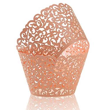 Imagem de KPOSIYA Pacote com 120 embalagens de cupcake para bolos artísticos, copos de papel, vinha, desenhado a laser, cupcakes, formas para assar, xícaras, bandejas para casamentos, chás de bebê, festas, aniversários, rosa, 120