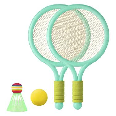 Imagem de Fancyes Conjunto de raquetes de tênis pa crianças, raquete de plástico com 1 peça de bolas de tênis, 1 peça de badminton, pa crianças ao livre e jogos, VERDE