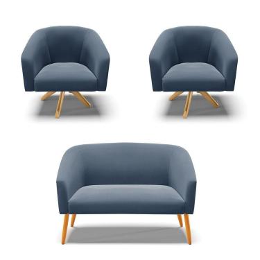 Imagem de Kit 1 Namoradeira E 2 Poltronas Azul Marinho Base Madeira
