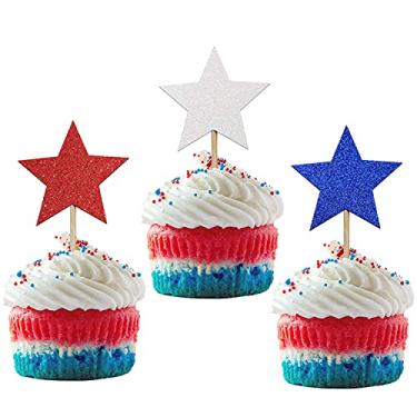Imagem de 4 de julho, topos de cupcake, estrela, vermelha, azul, branca, glitter, Patriótica, picareta de comida, decoração de festa, dia da independência, 24 peças