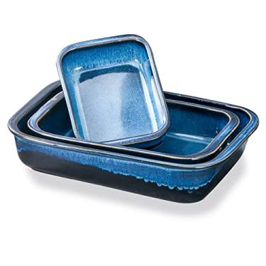 Imagem de Conjunto de 3 assadeiras, conjunto de utensílios de cerâmica UNICASA, caçarola de 22 x 33 cm, esmalte azul espacial, formas retangulares para forno, formas de lasanha para cozinhar