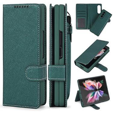 Imagem de Estojo destacável para Samsung Galaxy Z Fold 3 Fold 4 Moda Couro PU Magnetic Kickstand Cover com Stylus, Cruz Padrão Verde, Para Samsung Z Fold 3