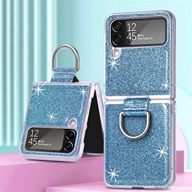 Imagem de Capa de telefone com suporte de anel de luxo com brilho brilhante para Samsung Galaxy Z Flip 4 flip4 Flip4 Carregamento magnético sem fio capa macia, anel BlueGlitter, para Samsung Z flip4