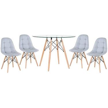 Imagem de Loft7, KIT - Mesa de vidro Eames 100 cm + 4 cadeiras Eames Botonê Cinza claro