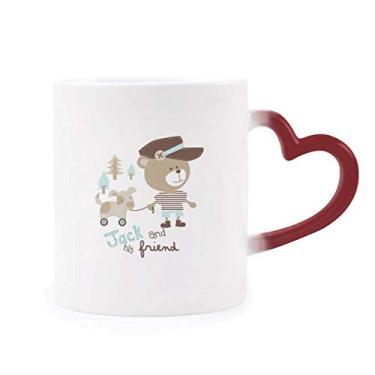 Imagem de Caneca de grés com estampa de urso rosa sensível ao calor vermelha que muda de cor