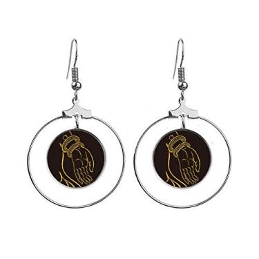 Imagem de Brincos de argola com padrão de mão amarelo preto budismo joia círculo gota