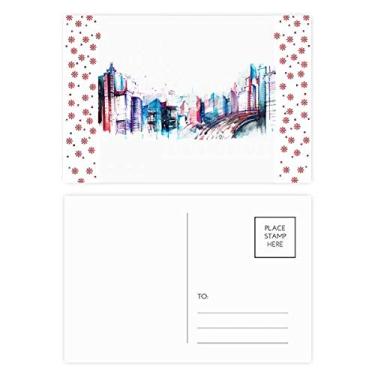 Imagem de Prédio moderno arranha-céus aquarela Natal Flor Celebração Cartão postal Blessing Mailing Card