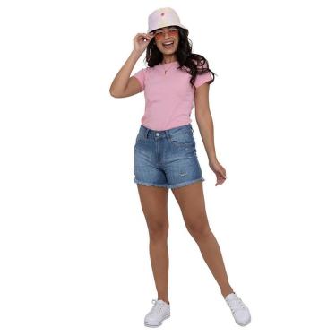 Imagem de Short Jeans Feminino Cintura Alta Destroyed E Barra Desfiada-Feminino