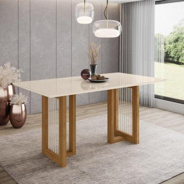 Imagem de Mesa de Jantar 160x90cm Tampo Vidro/MDF Canto Reto Yara Marrom/Off White