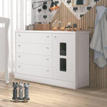 Imagem de Cômoda Sapateira Infantil Joãozinho 1 Porta 4 Gavetas Móveis Reller Branco Brilho