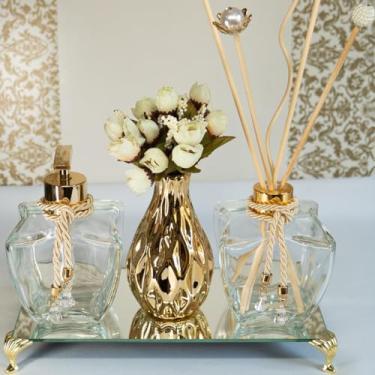 Imagem de Kit Lavabo 4 Peças Saboneteira Difusor Bandeja Vaso Decorativo + Varetas Luxo - K290 Coleção Colômbia (Dourado)
