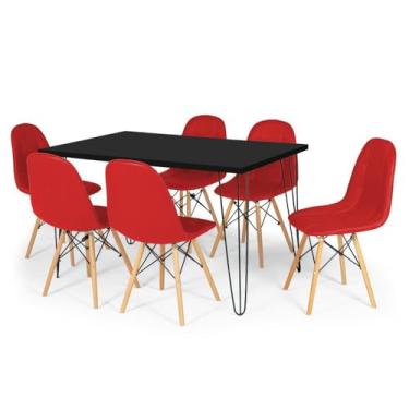 Imagem de Conjunto Mesa de Jantar Hairpin 130x80 Preta com 6 Cadeiras Eiffel Botonê - Vermelho