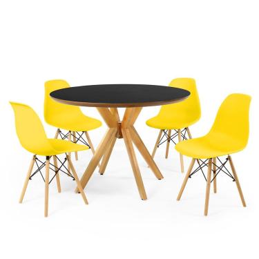 Imagem de Conjunto Mesa de Jantar Redonda Marci Premium Preta 100cm com 4 Cadeiras Eames Eiffel - Amarelo