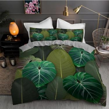 Imagem de Jogo de cama com estampa de folhas tropicais King, verde, conjunto de 3 peças para decoração de quarto, capa de edredom de microfibra macia 264 x 233 cm e 2 fronhas, com fecho de zíper e laços