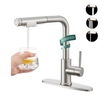 Imagem de HEISOK 3--1 Torneira de cozinha com torneira de filtro de água potável - Torneira purificadora de água de pia com pulverizador de puxar para baixo, torneira filtrada de alavanca única de aço