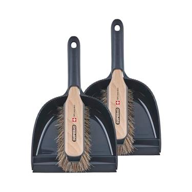 Imagem de Superio Conjunto de pá de lixo de plástico e escova de madeira portátil Comfort Grip - Vassoura de mão com cerdas de crina de cavalo naturais suíças design compacto, pacote com 2