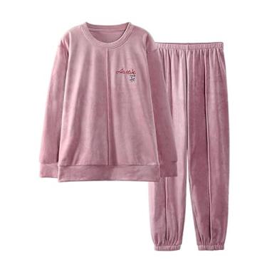 Imagem de LUBOSE Conjunto de camisola de flanela, camisola feminina, camisola térmica de inverno, terno longo feminino de manga comprida, conjunto de camisola confortável para uso doméstico (XG, rosa 11)
