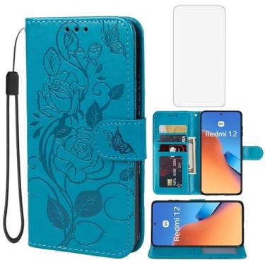 Imagem de Vavies Capa para Redmi 12, Capa carteira Redmi Note 12R/Poco M6 Pro/Redmi 12R com protetor de tela de vidro temperado, capa de telefone com suporte para cartão de crédito de couro floral para Xiaomi