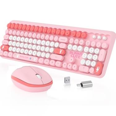 Imagem de Conjunto de teclado e mouse sem fio Mofii Bunny fofo conjunto de teclado e mouse sem fio com adaptador OTG, 106 teclas redondas coloridas sem fio para MacBook Windows, laptop, tablet, rosa