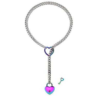 Imagem de paloli Colar feminino de corrente deslizante com coração de arco-íris, colar longo cubano punk rock, joia feminina, colar em Y ajustável, cadeado de coração com chave (corrente de prata, coração