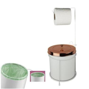 Imagem de Kit Suporte Porta Papel Higiênico Chão Com Lixeira 5L Tampa Cesto Lixo