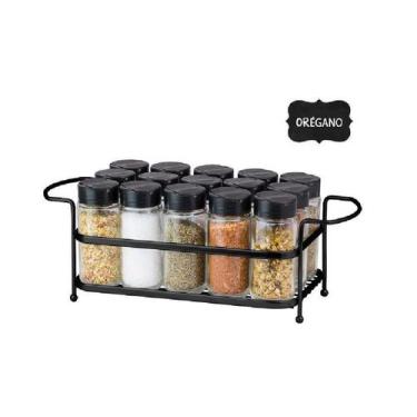 Imagem de Porta Tempero Condimento 15 Potes Vidro Tampa Dosadora Suporte Preto O