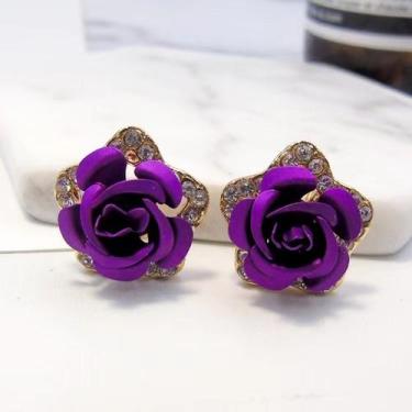 Imagem de Brinco Flor Rosas Feminino Strass Pedra Festa Casamento Luxo - anjo da