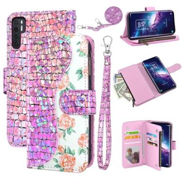 Imagem de Dibosom Capa carteira floral para TCL 20 Pro 5G com alça de pulso alça de ombro flip zíper bolsa porta-cartão, suporte de couro PU de luxo com glitter Bling capa para celular para TCL20Pro G5 TLC