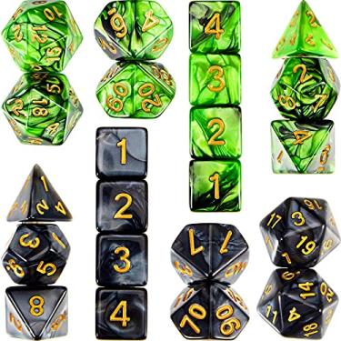 Imagem de 2 conjuntos de 11 dados poliédricos conjunto de dados multilados toque suave com saco de cordão compatível com RPG MTG dados de jogo de mesa, 22 peças (verde, preto)