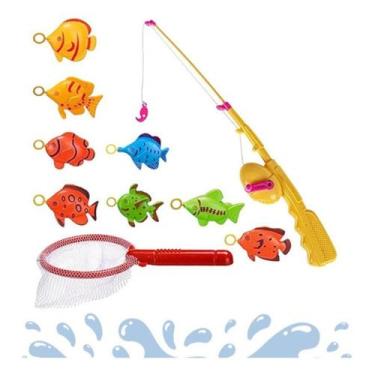 Imagem de Pesca Peixe Na Agua 8 Peixinhos Vara Rede Pescaria Brinquedo Infantil 