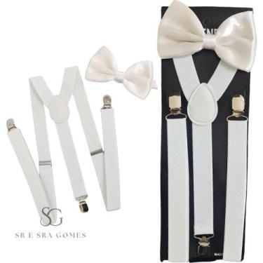 Imagem de Kit Suspensório Branco + Gravata Borboleta Adulto Para Padrinhos e Eve