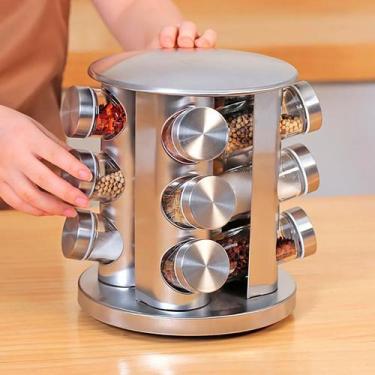 Imagem de Porta Condimentos Giratório Vidro Tampa Inox Para Organizar Cozinha - 