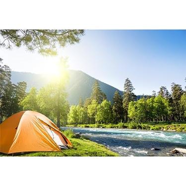 Imagem de Laeacco 2,4 x 1,8 m cenário de acampamento ao ar livre rio, pastagem, floresta, montanha, luz do sol, natureza, paisagem, barracas, fotografia, plano de fundo, crianças, adultos, viagem, férias,