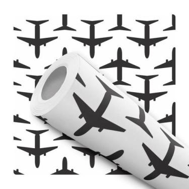 Imagem de Papel De Parede Adesivo Lavável Menino Avião Preto Branco Quarto - Baz