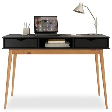 Imagem de IDIMEX Mesa Escritório Preto Madeirado Retro 2 Gavetas 1 Nicho Stefano