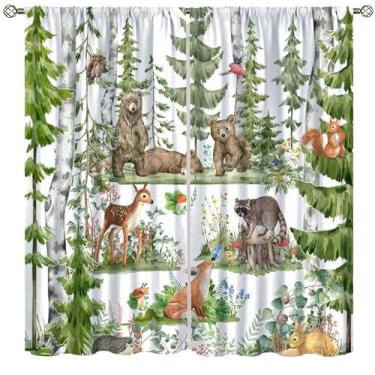 Imagem de Cortinas de animais da floresta para crianças, aquarela, animal selvagem, urso, raposa, cervo, crianças, verde, árvore, tratamentos de janela para berçário, quarto de bebê, sala de estar, 106,7 x