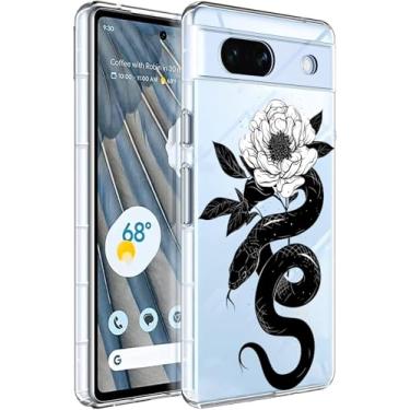 Imagem de YCJACE Capa de telefone para Google Pixel 7a capa transparente com cobra preta com design de flor TPU macio absorção de choque fina em relevo padrão capa protetora para Google Pixel 7a - cobra preta