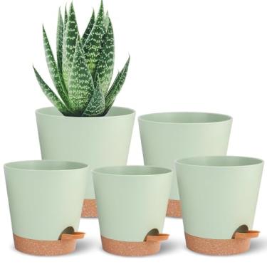 Imagem de SE SUN-E Vasos autoirrigáveis para plantas ao ar livre, 19 cm, 19 cm, 5 cm, vasos de flores verdes para uso interno, vasos de plástico, vasos de suculentas com orifício de drenagem e reservatório