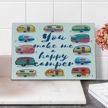 Imagem de Lunarable Tábua de cortar campista, You Make Me Happy Camper, palavras motivacionais com caravanas, estampa de viagem estilo retrô, placa decorativa de corte de vidro temperado e tábua de servir