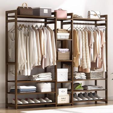 Imagem de Trilho De Roupas De Bambu, Armário De Guarda-roupa Aberto, Cabide De Roupas Com Prateleiras De Armazenamento De 13 Camadas Para Organizar Sapatos E Caixas De Toalha, Para Sala De Estar Do Q